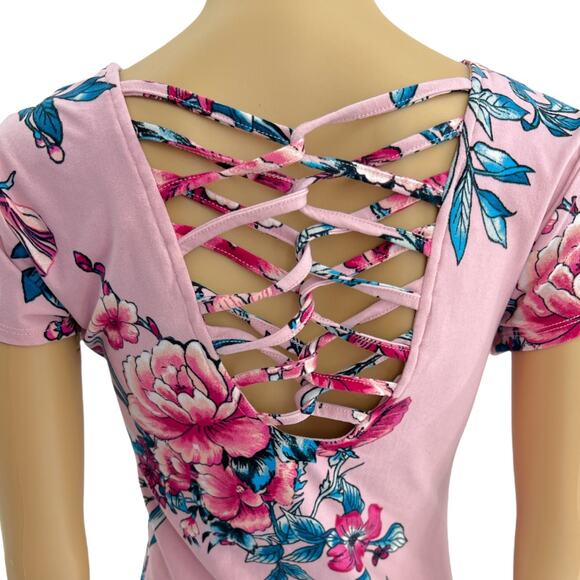 Derek Heart MEDIUM Pink Floral Peony Lily Short Sleeve Sheath Bodycon Mini Dress - Picture 5 of 6